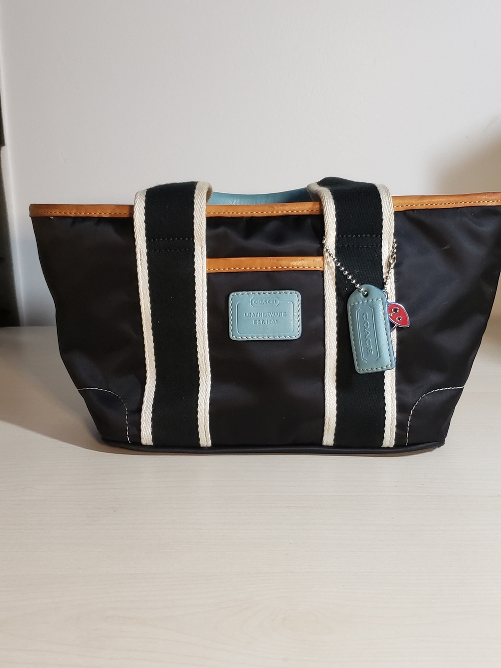 Coach Black Nylon Tote with Light Blue Leather Accents